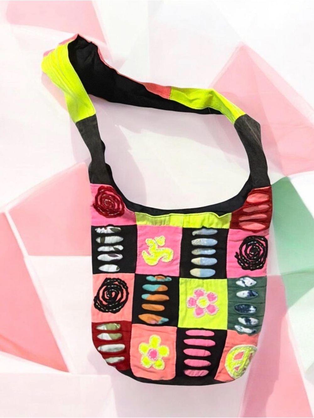 Boho Rainbow Patchwork Floral Embroidery Slouchy Hobo Crossbody Bag NEW
